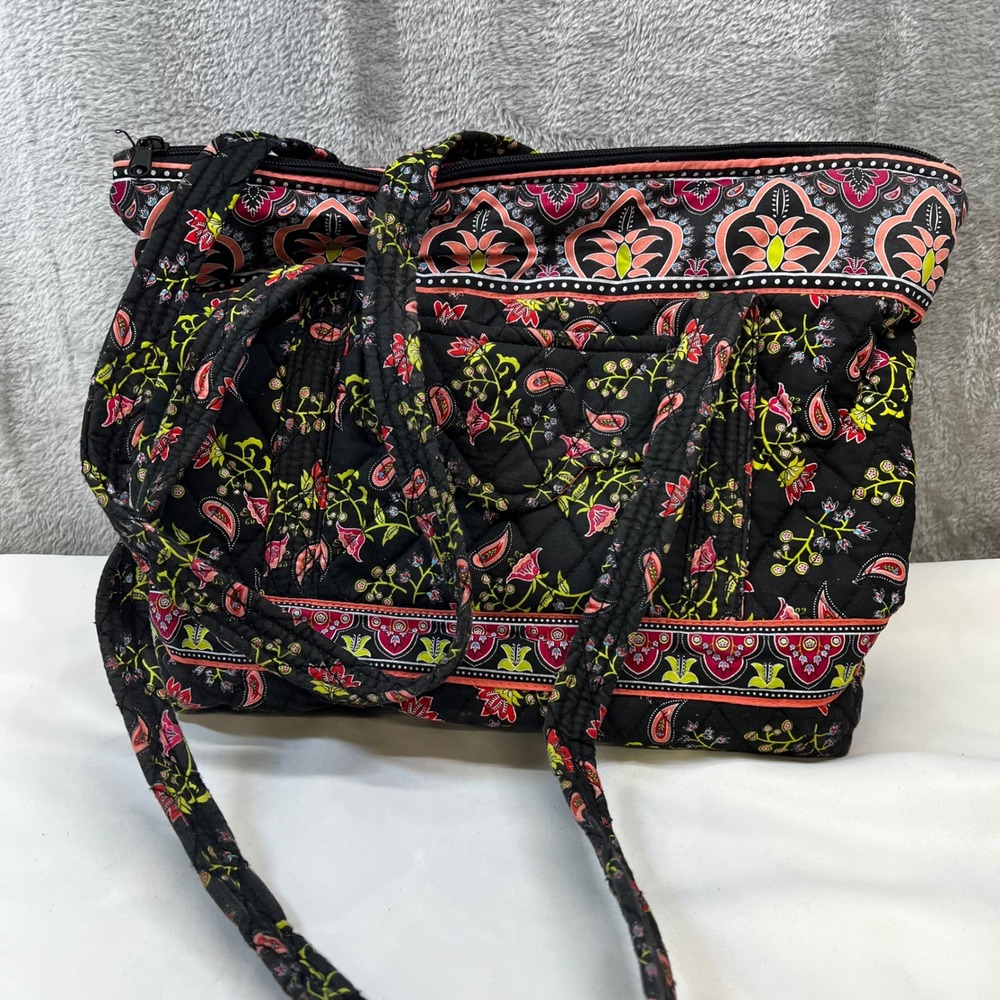 VTG 2006 Croft & Borrow Quilted Cotton Tote Bag Black Floral Paisley Print Boho